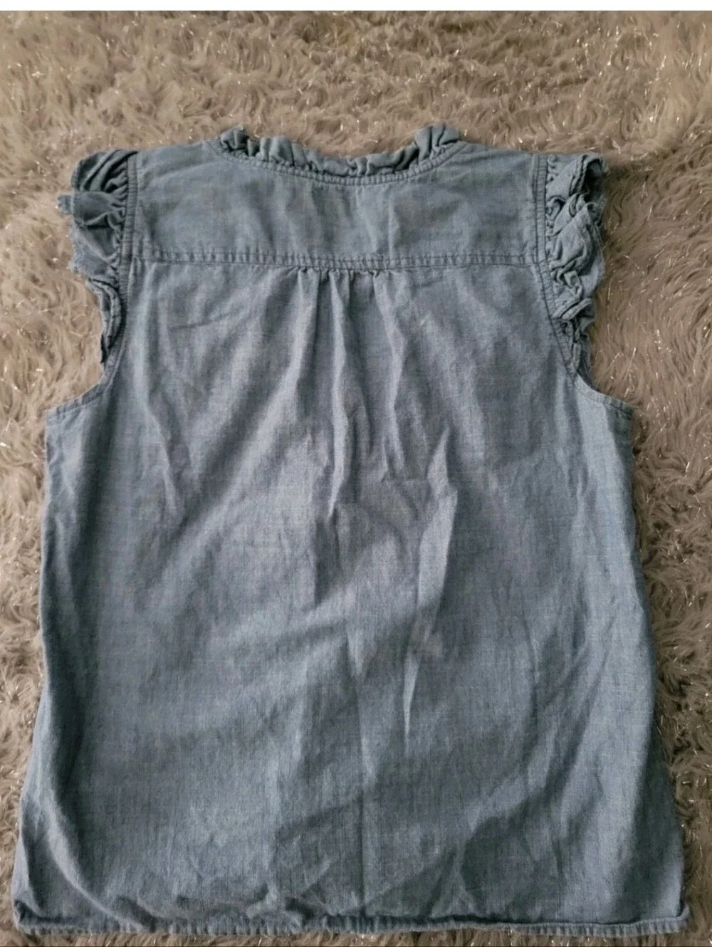 J Crew Blue Chambray Sleeveless Ruffle Top Boho Festival Preppy Quiet Luxury S